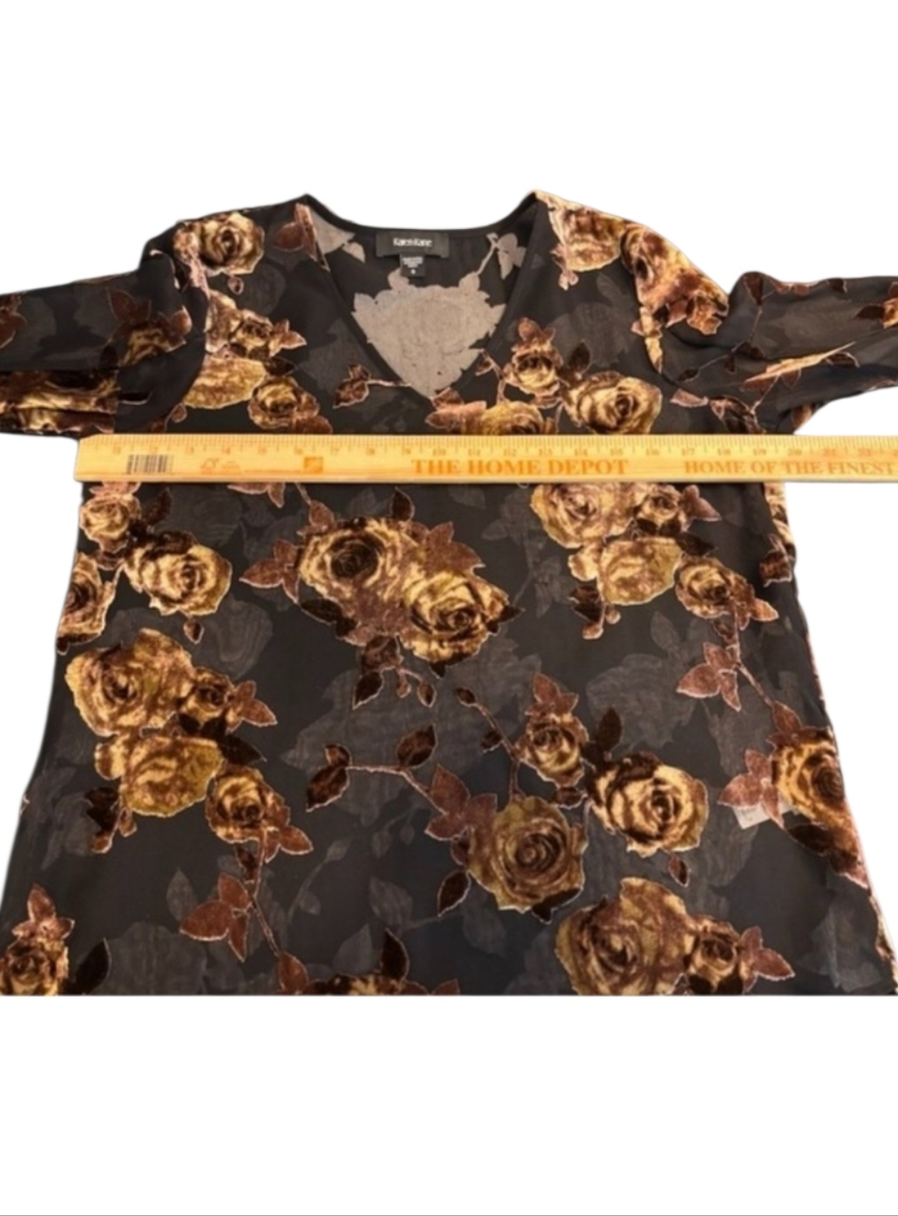 Karen Kane Black and Gold Sheer Floral Velvet Bell Sleeve Burnout V-Neck Blouse - Picture 7 of 10